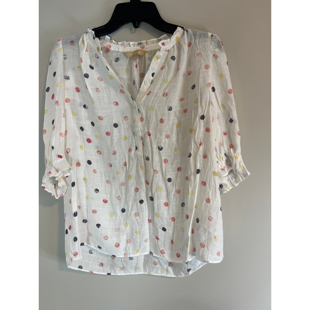 Hope & Harlow White Polka Dot Ruffle Henley Puff Sleeve‎ Blouse Womens Small